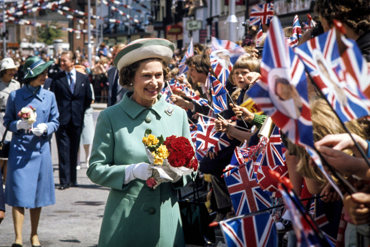 Queen Elizabeth II on a walkabout in Portsmouth, England, during her Silver Jubilee tour of Great Britain on June 29, 1977.