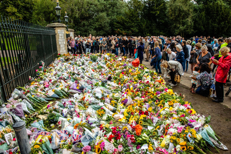 Visitors leave floral tributes outside Cambridge Gate at Windsor Castle on Sept. 9, 2022 in Windsor, U.K.
