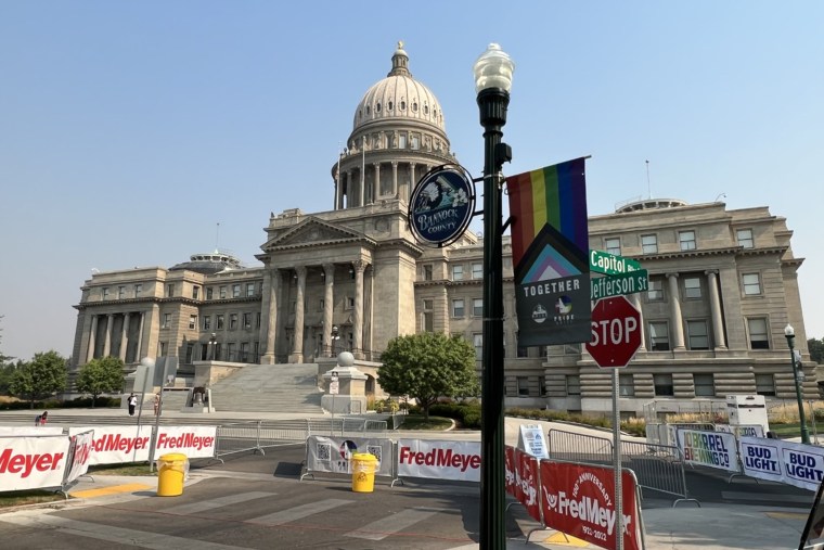 A Boise Pride Festival banner hangs on a lamp post in front of the Idaho Statehouse on Friday, Sept. 9, 2022, in Boise, Idaho.