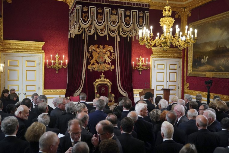 Members of the privy council gather in the Throne Room for stage two of the Accession Council at St James's Palace in London/