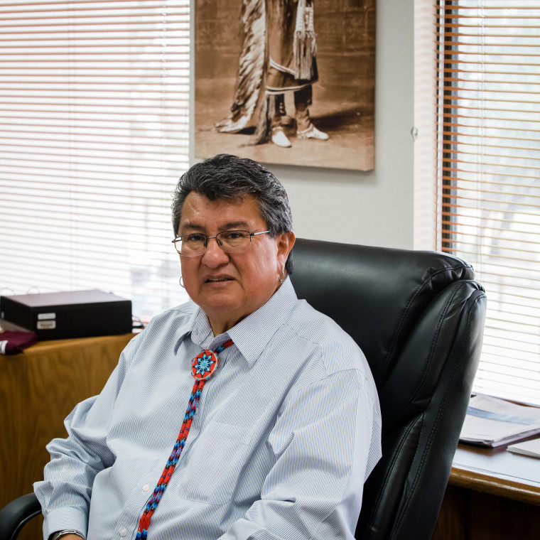 Ute Mountain Ute Tribe Chairman Manuel Heart sits for a portrait in his office in Towaoc, Colo., on Sept. 8, 2022.
