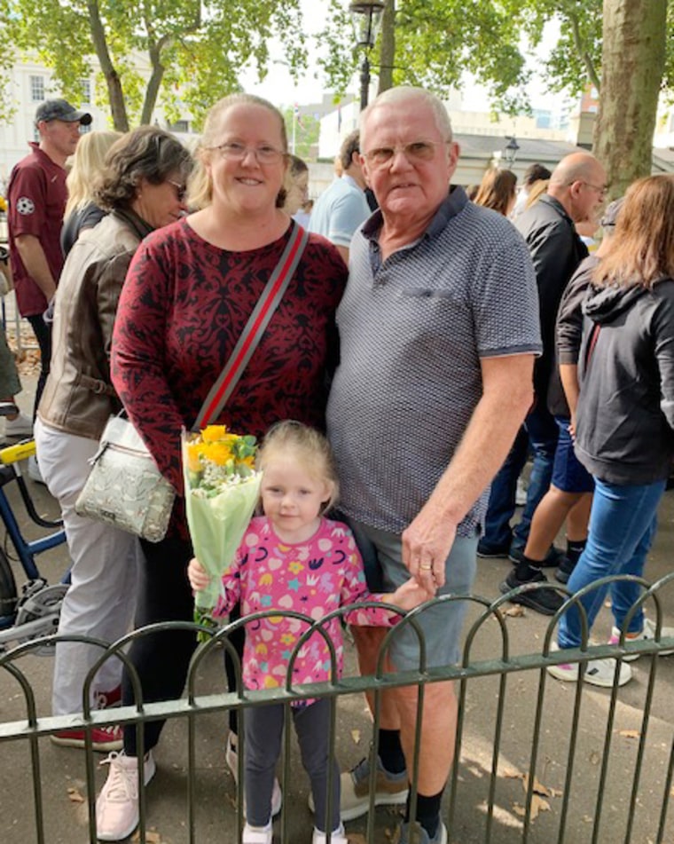 Dave Thompson, 72, of Croydon, with granddaughter Ivy Rees, age 3, and her mother, Denise Rees, 41.