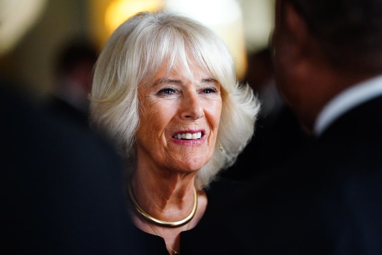 Queen Consort Camilla attends a reception with Realm High Commissioners and their spouses in the Bow Room at Buckingham Palace on Sept. 11, 2022, in London.