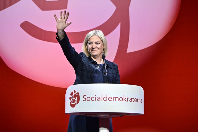Image: Sweden's Prime Minister and the Social Democratic party leader Magdalena Andersson waves to supporters during an election party at the Waterfront Conference Center in Stockholm late Sunday evening, Sept.11, 2022, following general elections.