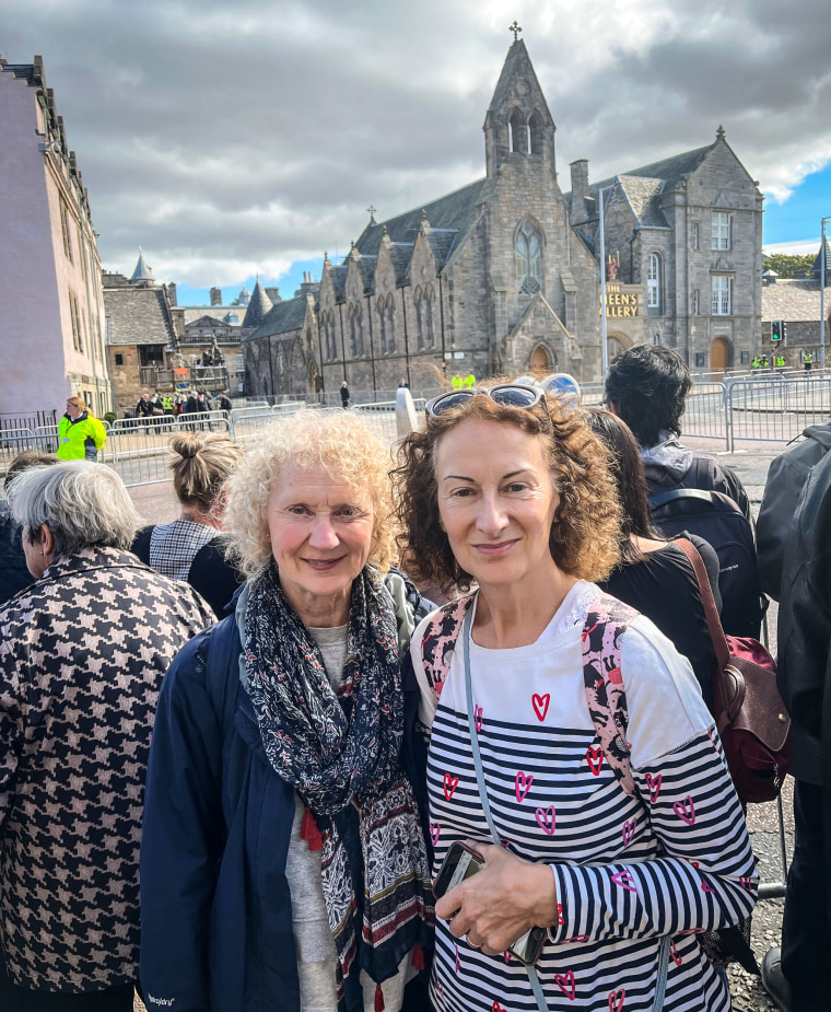Catherine Vost, 69, and Anne Tullo, 62, traveled from nearby Glashow and arrived more than two hours before the king’s scheduled historic appearance, in Edinburgh, Scotland on Monday.