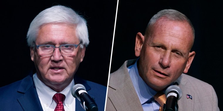 Republican Senate candidates Chuck Morse, left, and Don Bolduc participate in a Republican primary debate on Sept. 7, 2022, in Henniker, N.H.