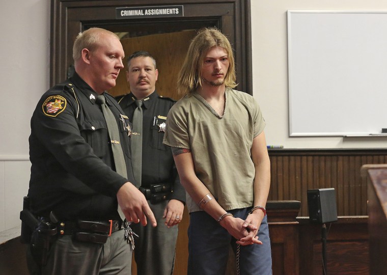 Edward "Jake" Wagner is escorted by police into the courtroom for arraignment at the Pike County Courthouse on Nov. 27, 2018 in Waverly, Ohio.