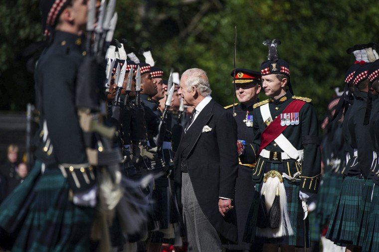 Image: King Charles III inspects the Guard of Honour as he arrives to attend the Ceremony of the Keys, at the Palace of Holyroodhouse, Edinburgh, Scotland on Sept. 12, 2022.