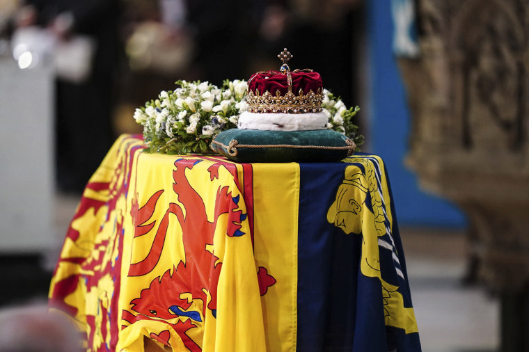 Image: The Crown of Scotland sits atop the coffin of Queen Elizabeth II during a Service of Prayer and Reflection for her life at St Giles' Cathedral, Edinburgh, Scotland on Sept. 12, 2022.