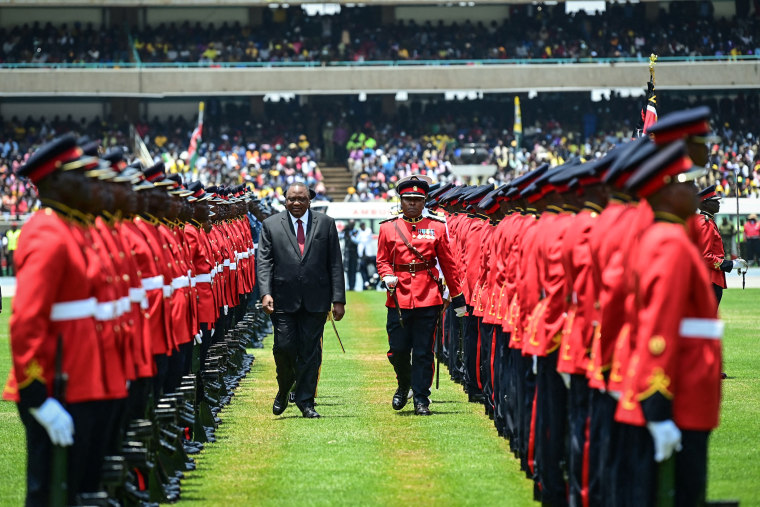 Image: Outgoing Kenyan President Uhuru Kenyatta inspects a guard of honor at the Moi International Sports Center Kasarani in Nairobi, Kenya, on Sept. 13, 2022 ahead of William Ruto inauguration ceremony.
