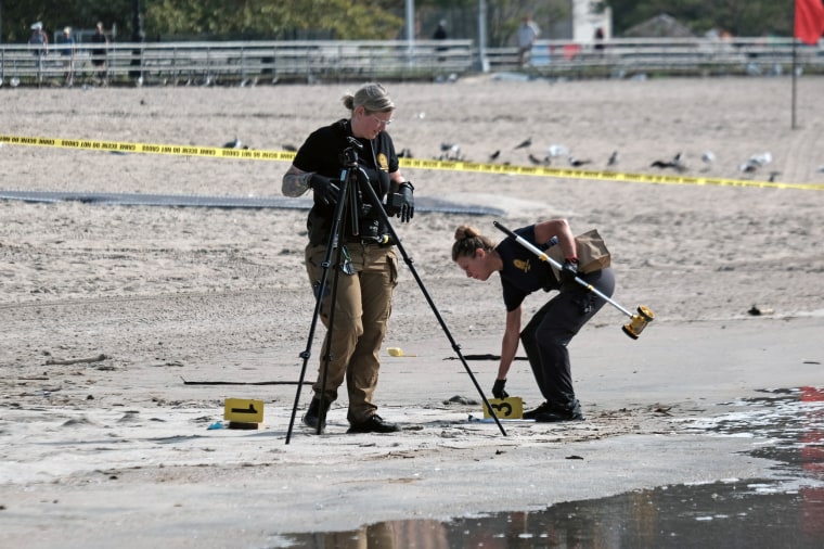 Police work the crime scene along a stretch of beach