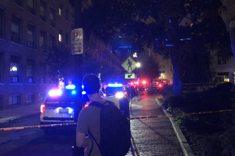 Police outside Northeastern University after a possible package explosion Tuesday.
