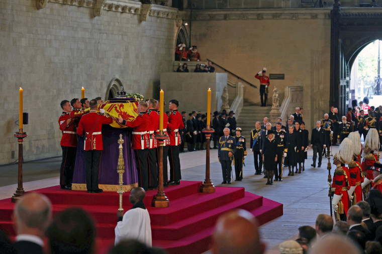 Queen Elizabeth II's coffin is placed in Westminster Hall on Sept. 14, 2022.