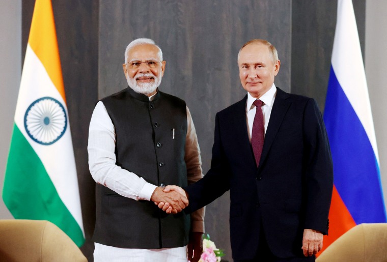 Russian President Vladimir Putin meets with India's Prime Minister Narendra Modi on the sidelines of the Shanghai Cooperation Organisation (SCO) leaders' summit in Samarkand on Friday.