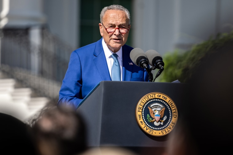 Sen. Chuck Schumer, D-N.Y., speaks on the South Lawn of the White House on Sept. 13th, 2022.