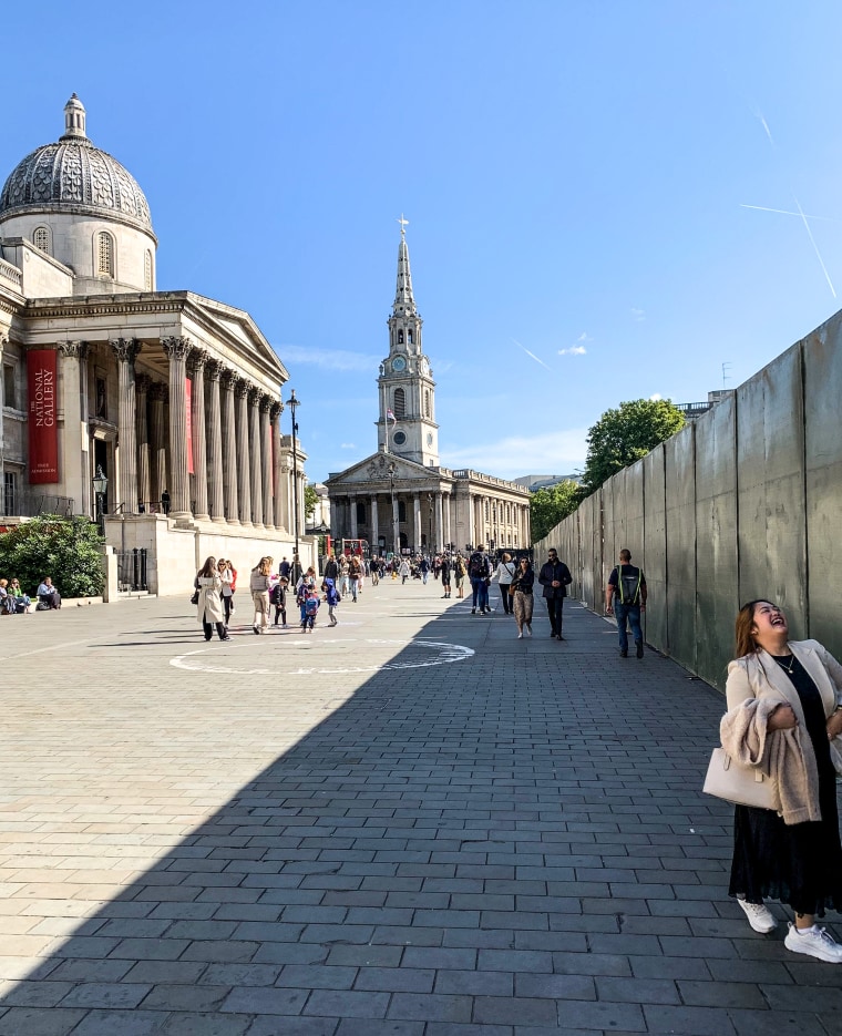 Large barriers around Trafalgar Square in London on Sept. 17, 2022.