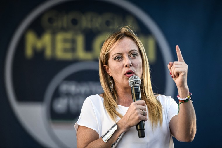 Image: Leader of Italian far-right party Fratelli d'Italia (Brothers of Italy) Giorgia Meloni, addresses supporters during a rally as part of the campaign for general elections, in Piazza Duomo in Milan, Italy on Sept. 11, 2022.
