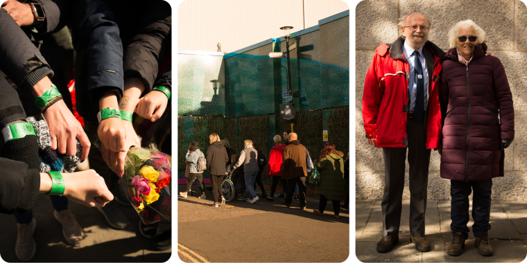 Images of colored wristbands worn by mourners waiting in line; a line of people in London; and a couple waiting in line posing for the camera.