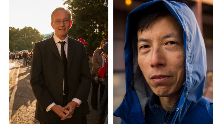 Image: Simon Wilkinson, 62, left, has been in line for 30 minutes and has been told he may have 25 hours to wait. Alan Pun, 49, has been waiting for 40 minutes and may have to wait 15-25 hours. Both men are about 5 miles from the palace in Bermondsey.