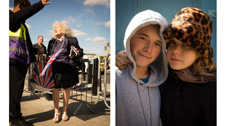 Along the line to see the queen lying in state at Westminster Palace. Shawn Willis and Olivia Maddock, right, joined the line at 3 a.m. and believe they have four to five hours remaining before reaching Westminster Palace and the queen.