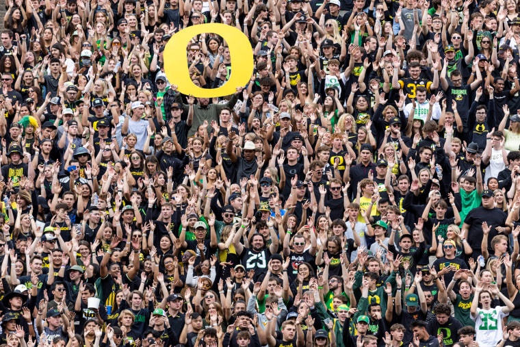 Fans of the Oregon Ducks cheer during the second half against the Brigham Young Cougars at Autzen Stadium on Sept. 17, 2022 in Eugene, Ore.