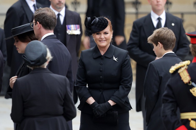 Image: Sarah Ferguson, Duchess of York, arrives at Westminster Abbey ahead of Queen Elizabeth's state funeral in London on Monday.
