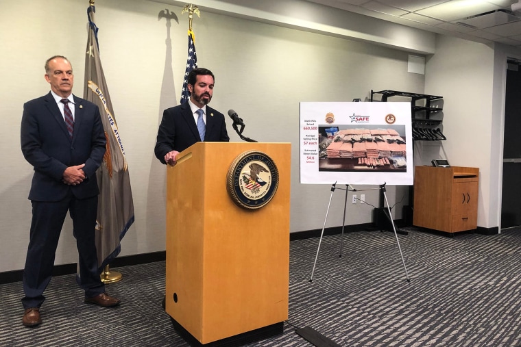 Brian Boyle, left, special agent in charge of the Drug Enforcement Administration's New England field division, and Rhode Island U.S. Attorney Zachary Cunha announce one of the largest seizures in the nation of counterfeit Adderall pills laced with methamphetamine on Sept. 19, 2022.