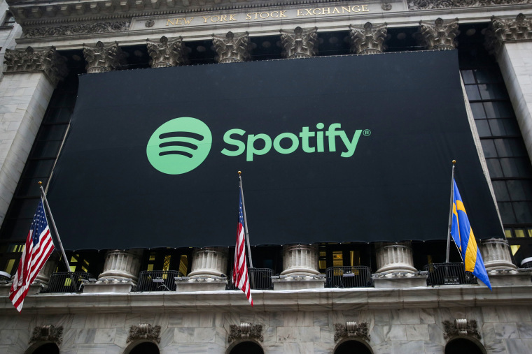 The Spotify logo on the New York Stock Exchange on April 3, 2018.