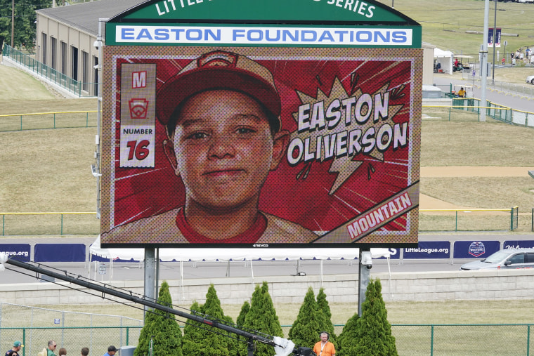 Easton Oliverson is displayed on the scoreboard at Volunteer Stadium during the opening ceremony of the 2022 Little League World Series baseball tournament in South Williamsport, Pa., on Aug 17, 2022.
