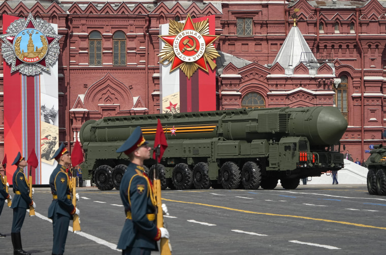 A ballistic missile rolls into Red Square during a rehearsal for the Victory Day military parade in Moscow on May 7.  The Kremlin often uses the occasion to show off its military and nuclear power.
