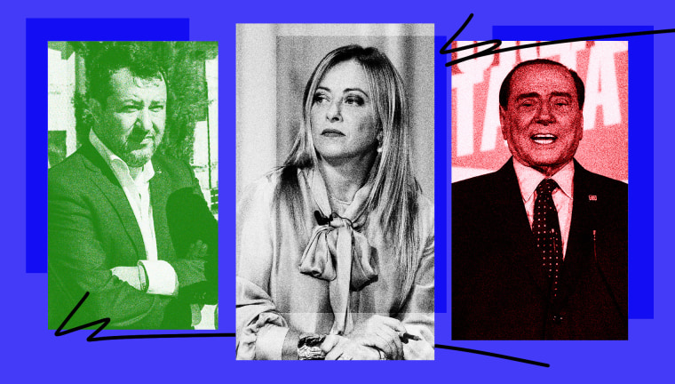 Italy election walkup illustration. Matteo Salvini, Georgia Meloni and Silvio Berlusconi.
