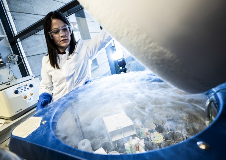 Image: Ruth Gomez, Reproductive Medicine Specialist Head of the Mainz Fertility and PID Centre, stands at a cryotank with frozen sperm and embryos at the University Hospital on January 28, 2020 in Mainz, Germany.