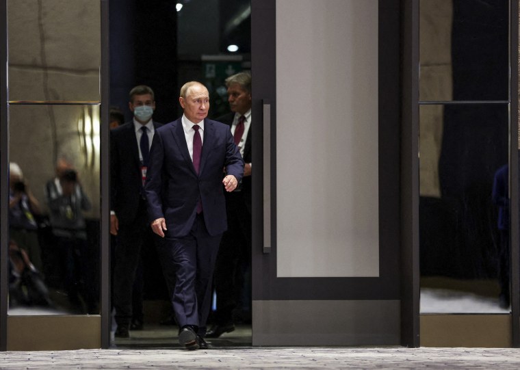 Russian President Vladimir Putin arrives to talk to the media following the Shanghai Cooperation Organisation (SCO) leaders' summit in Samarkand on Sept. 16, 2022.