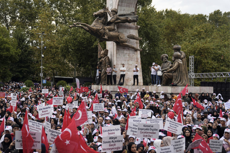 Turkish demonstrators attend an anti-LGBTQ+ protest
