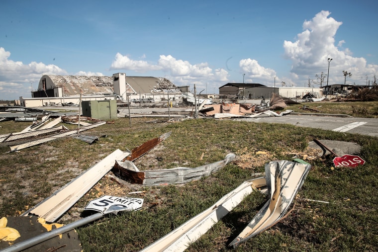 Debris litters Tyndall Air Force Base following Hurricane Michael on Oct. 17, 2018 in Panama City, Fla., after the base experienced extensive damage from Hurricane Michael.