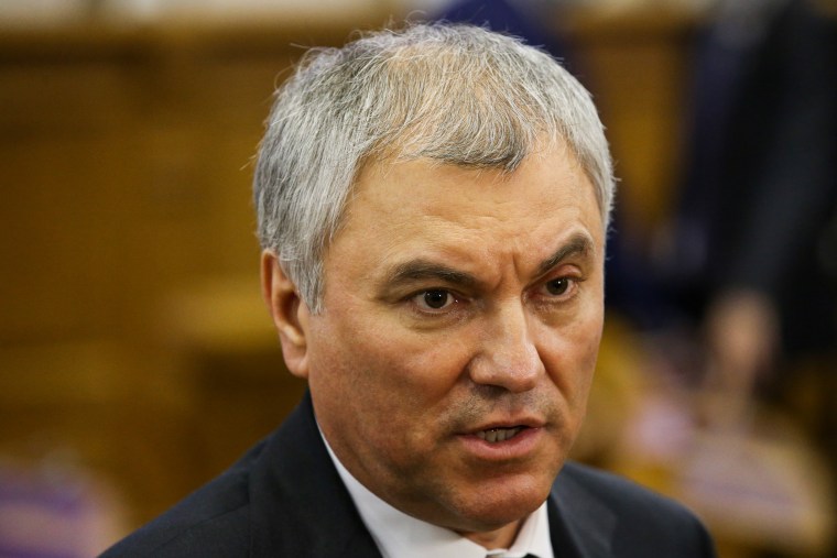 Russian State Duma Chairman Vyacheslav Volodin speaks in St. Petersburg on April 27, 2022.