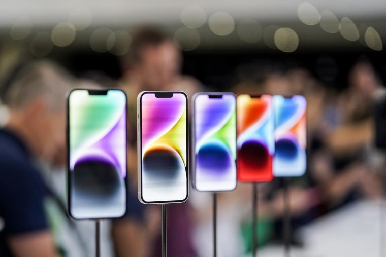 New iPhone 14 models on display at Apple's headquarters in Cupertino, Calif., on Sept. 7, 2022.
