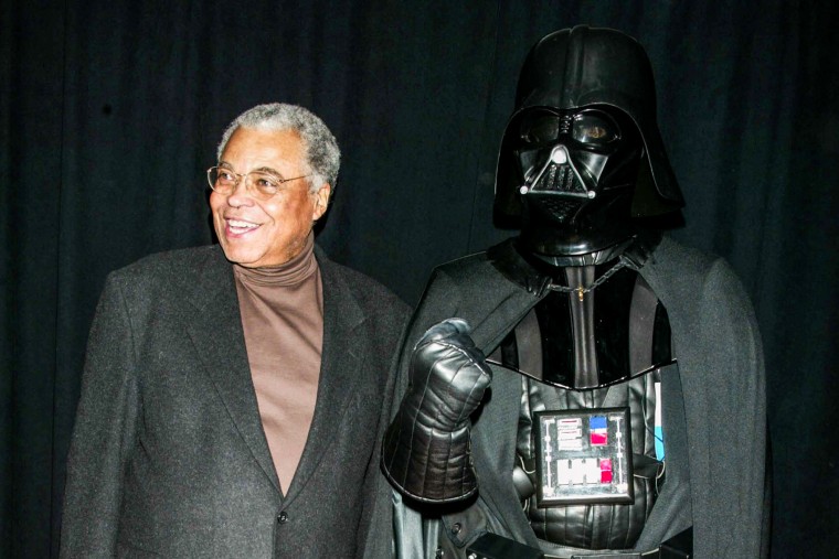 James Earl Jones and Darth Vader attend the charity premiere of "Star Wars: Episode II - Attack of the Clones" in New York on May 12, 2002.