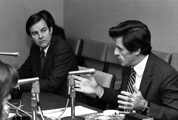 New Jersey Democratic gubernatorial candidate James Florio, right, debates his Republican challenger Thomas Dean at The New York Times building in New York on Oct. 13, 1981.