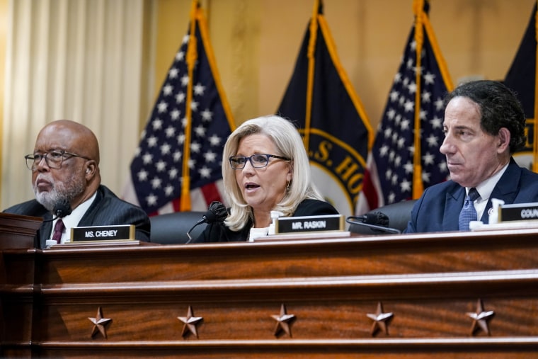 Rep. Liz Cheney, R-Wyo., speaks during a Jan. 6 hearing, alongside Reps. Bennie Thompson, D-Miss., and Jamie Raskin, D-M.D., at the Capitol on July 12, 2022.