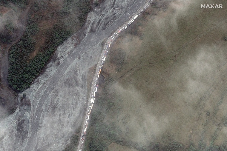 According to Maxar this satellite image appears to show a traffic jam near the Russian border with Georgia on Sept. 25, 2022.