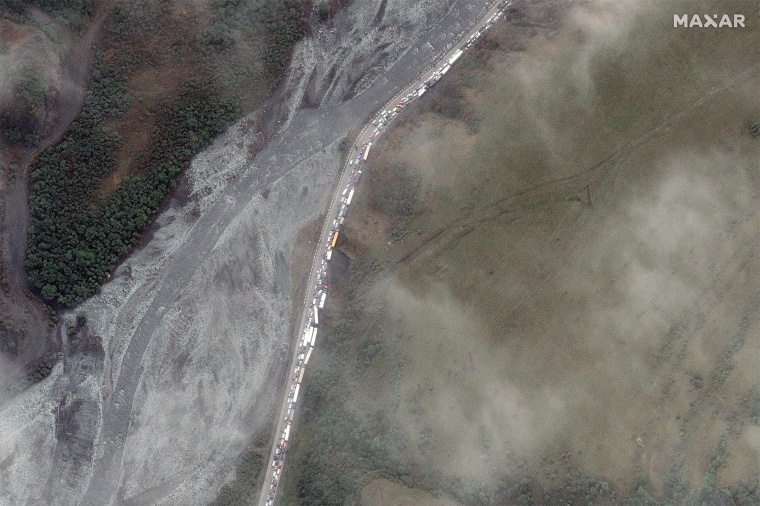 According to Maxar this satellite image appears to show a traffic jam near the Russian border with Georgia on Sept.  25, 2022.