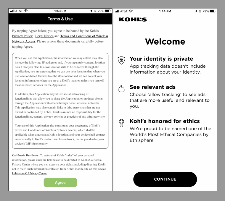 The terms of use in the Kohl's app describing how a user's information will be collected, left, and an option to "allow tracking."