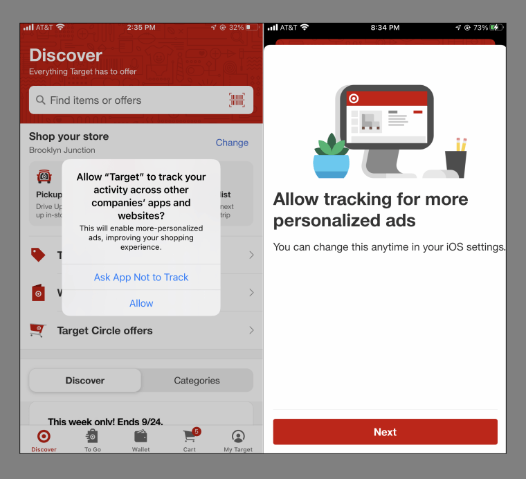 Messages on the Target app encouraging users to allow tracking.