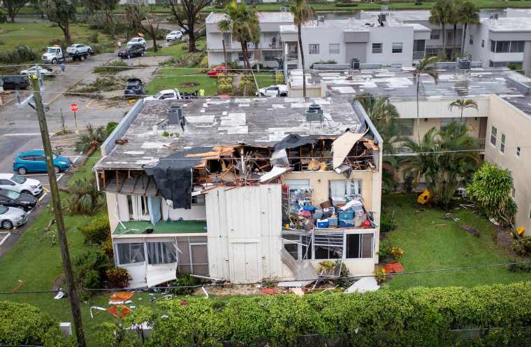Damage to condos after a possible tornado caused by Hurricane Ian in Delray Beach, Fla.