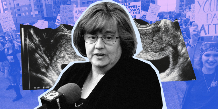Photo illustration: Cutout of Maricopa County Attorney Rachel Mitchell against a paper showing parts of a sonogram against a background image showing abortion rights protestors.