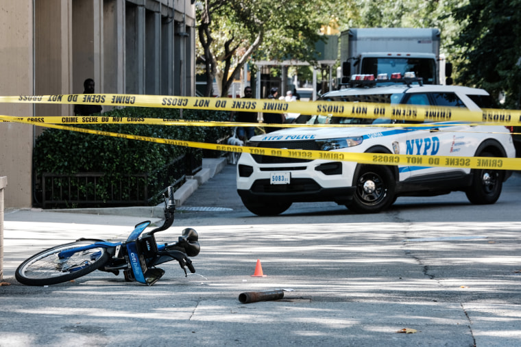 A Citi Bike sits at the scene of a shooting in Alphabet City in lower Manhattan on Sept. 1, 2022 in New York.