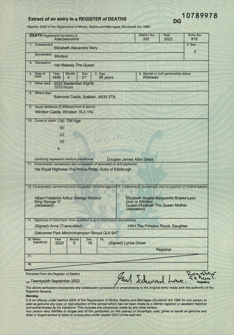 The Queen's death certificate released by the National Records office of Scotland.