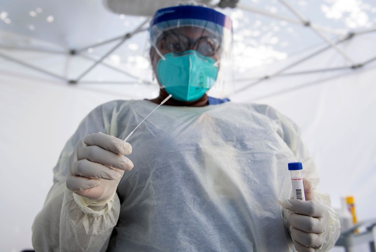 Image: A healthcare worker prepares to take a nasal swab sample at a Covid-19 testing site in Los Angeles in 2020.