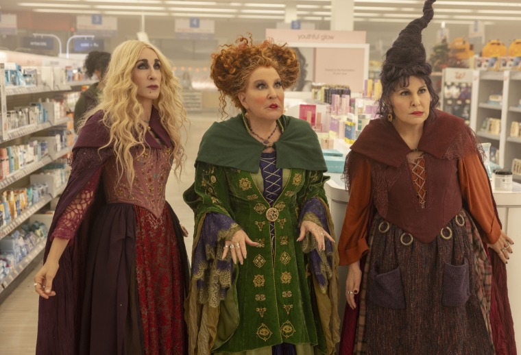 Sarah Jessica Parker as Sarah Sanderson, Bette Midler as Winifred Sanderson, and Kathy Najimy as Mary Sanderson in "Hocus Pocus 2."